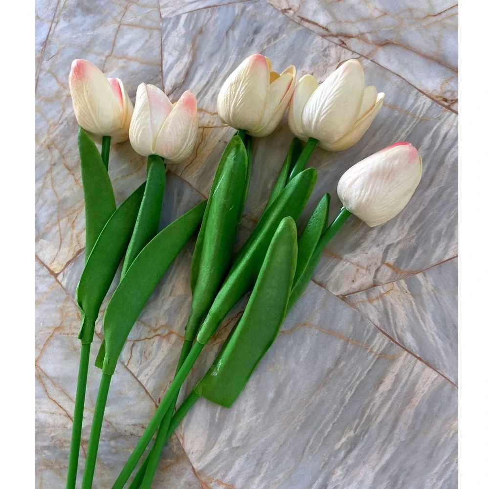 5 Piece Artificial Tulip Stems Cream Pink Faux Silk Flowers Spring Home Decor